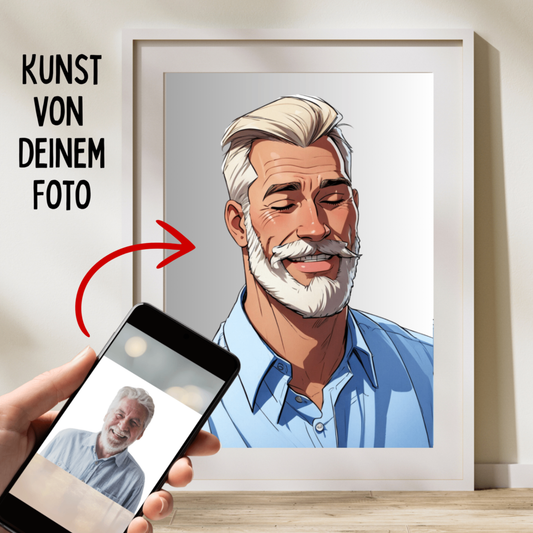 Gerahmtes unvergleichliches Kunstwerk eines lächelnden älteren Mannes mit weißem Haar und Bart, erstellt aus einem Smartphone Foto. Das Bild zeigt die kunstvolle Bearbeitung eines persönlichen Fotos in ein stilisiertes, cartoonartiges Kunstwerk mit dem Text „Kunst von deinem Foto“.