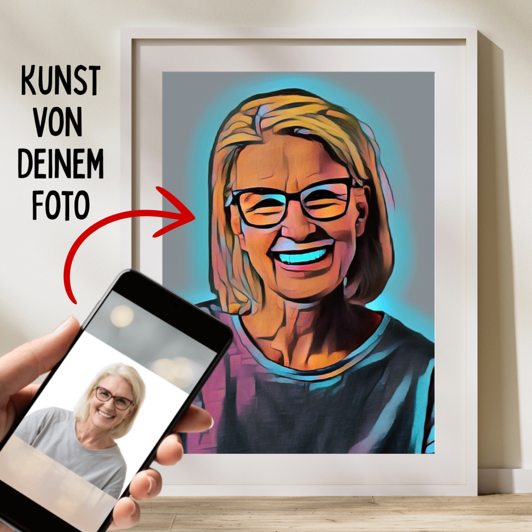 Gerahmtes unvergleichliches Kunstwerk einer lächelnden Frau mit Brille, erstellt aus einem Smartphone Foto. Das Bild zeigt die kunstvolle Bearbeitung eines persönlichen Fotos zu einem farbenfrohen, stilisierten Kunstwerk, mit dem Text „Kunst von deinem Foto“.